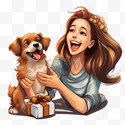 狗与狗卡通图片_女孩为与狗的礼物而高兴