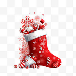 红色圣诞袜图片_装满礼物和装饰品的红色圣诞袜