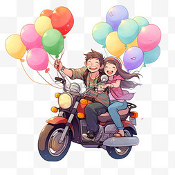 拿气球情侣图片_国庆出游摩托车情侣元素卡通