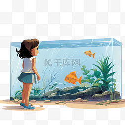 在水族馆里看鱼的女孩