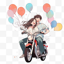 卡通美丽气球图片_国庆出游手绘摩托车情侣卡通元素