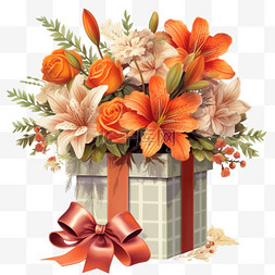 喜庆的盒子和花瓶里的一束鲜花