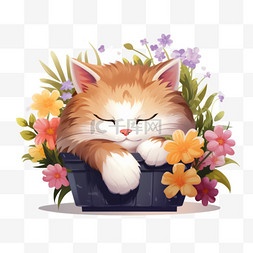 睡在一朵可爱的花下的猫