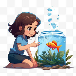 卡通手绘水族图片_在水族馆里看鱼的女孩