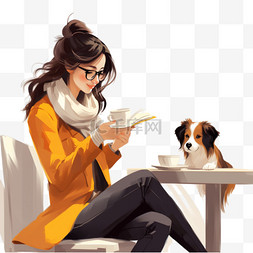 手绘咖啡馆图片_在狗友好咖啡馆喝咖啡的女孩