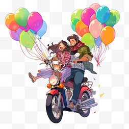 卡通美丽气球图片_国庆出游卡通摩托车情侣手绘元素