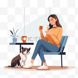 在狗友好咖啡馆喝咖啡的女孩