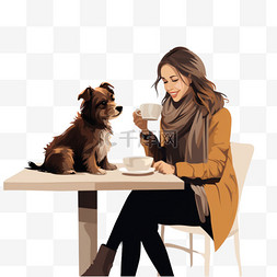 在狗友好咖啡馆喝咖啡的女孩