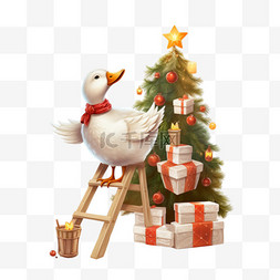 站在梯子上装饰一棵大圣诞树的鹅