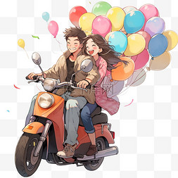 卡通美丽气球图片_卡通国庆出游摩托车情侣元素