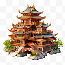 黄色中国古代建筑楼树木AI元素装