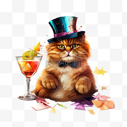 手绘卡通派对图片_坐着的猫用鸡尾酒庆祝派对