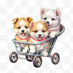 购物车里的三只小狗动物卡通手绘