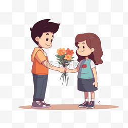 男孩向女孩赠送花束