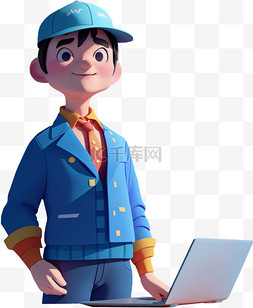 电脑操作人图片_戴着帽子穿着蓝色外套的职场人