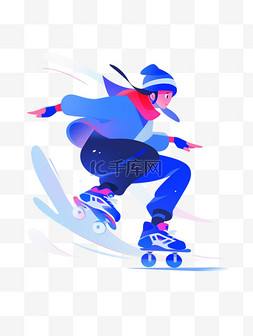玩轮滑的女孩图片_轮滑蓝色扁平风格运动竞技人物元