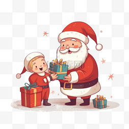 男孩礼物图片_圣诞老人和带礼物的男孩