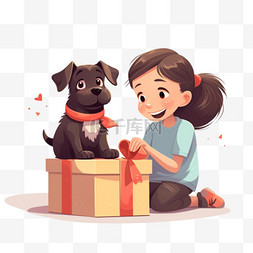女孩对礼物盒里的狗很满意