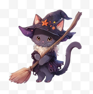 万圣节卡通小猫扫帚元素