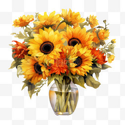 向日葵花朵图片_水彩橙黄色向日葵花瓶免扣元素