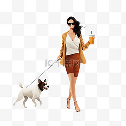 年轻女子用皮带遛狗，拿着饮料