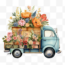水彩卖鲜花的小卡车免扣元素