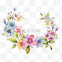 插画蓝色花朵图片_水彩粉色蓝色花朵花环免扣元素