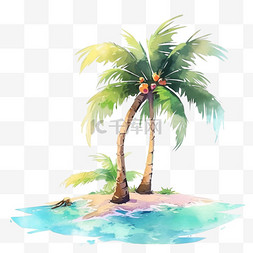 夏季海边素材图片_夏季海边沙滩椰子树手绘元素