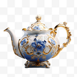 茶壶蓝色花朵瓷器AI元素立体免扣