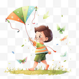 在草地上奔跑图片_可爱孩子放风筝手绘元素户外玩耍