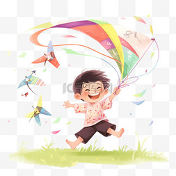 放草地上图片_可爱孩子放风筝卡通元素户外玩耍