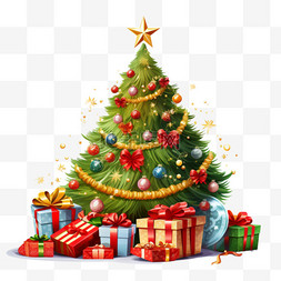 圣诞树和图片_带圣诞装饰的圣诞树和带一袋礼物