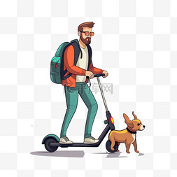 背包里有狗的家伙骑电动滑板车