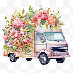 水彩卖鲜花的浅紫色卡车免扣元素