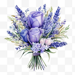 蓝色花朵玫瑰图片_水彩紫色玫瑰薰衣草花束免扣元素