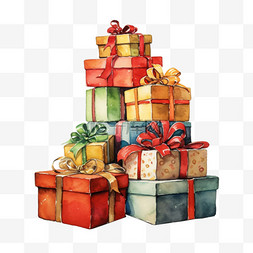 礼物盒水彩图片_水彩红色礼物盒堆免扣元素