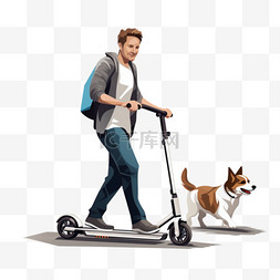骑狗图片_骑滑板车的男人遛狗