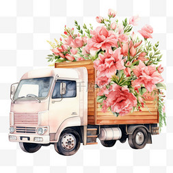水彩卖鲜花的粉白色卡车免扣元素