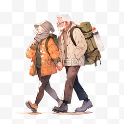手绘背包旅行图片_重阳节老人卡通元素背包旅行