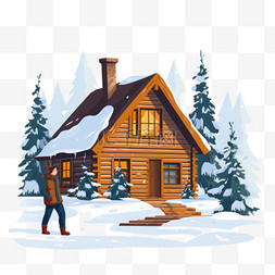 冬天的房子和一个拿着圣诞树的人