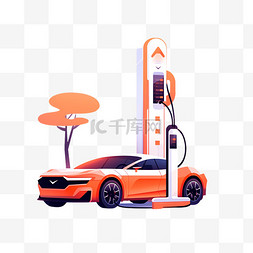 累了给自己充电图片_扁平风格橙色新能源汽车充电桩元