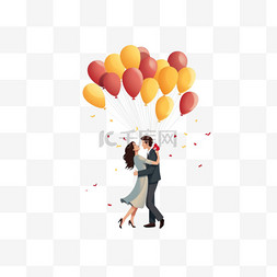 男人用心形气球将女人抱在怀里