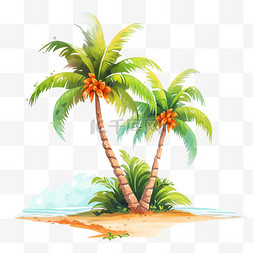 天蓝色海边图片_海边沙滩手绘椰子树元素夏季