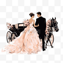 撑着雨伞的新娘图片_新郎新娘婚礼马车AI元素立体免扣