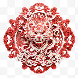 节日氛围装饰图片_红色龙剪纸节日氛围中国龙平面装