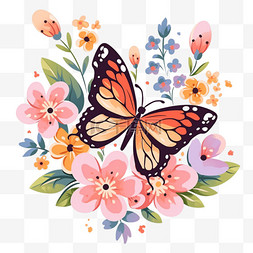 天蓝色纯色背景图片_手绘元素花丛中蝴蝶