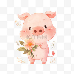 手绘可爱小猪拿着花朵卡通元素