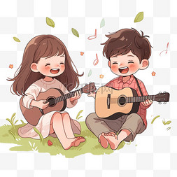 弹吉他男孩卡通图片_开心唱歌弹琴手绘元素