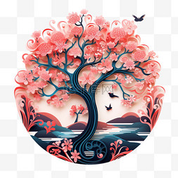 樱花树剪纸燕子美丽卡通装饰元素