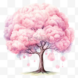 卡通粉色树木图片_水彩卡通粉色棉花树木免扣元素